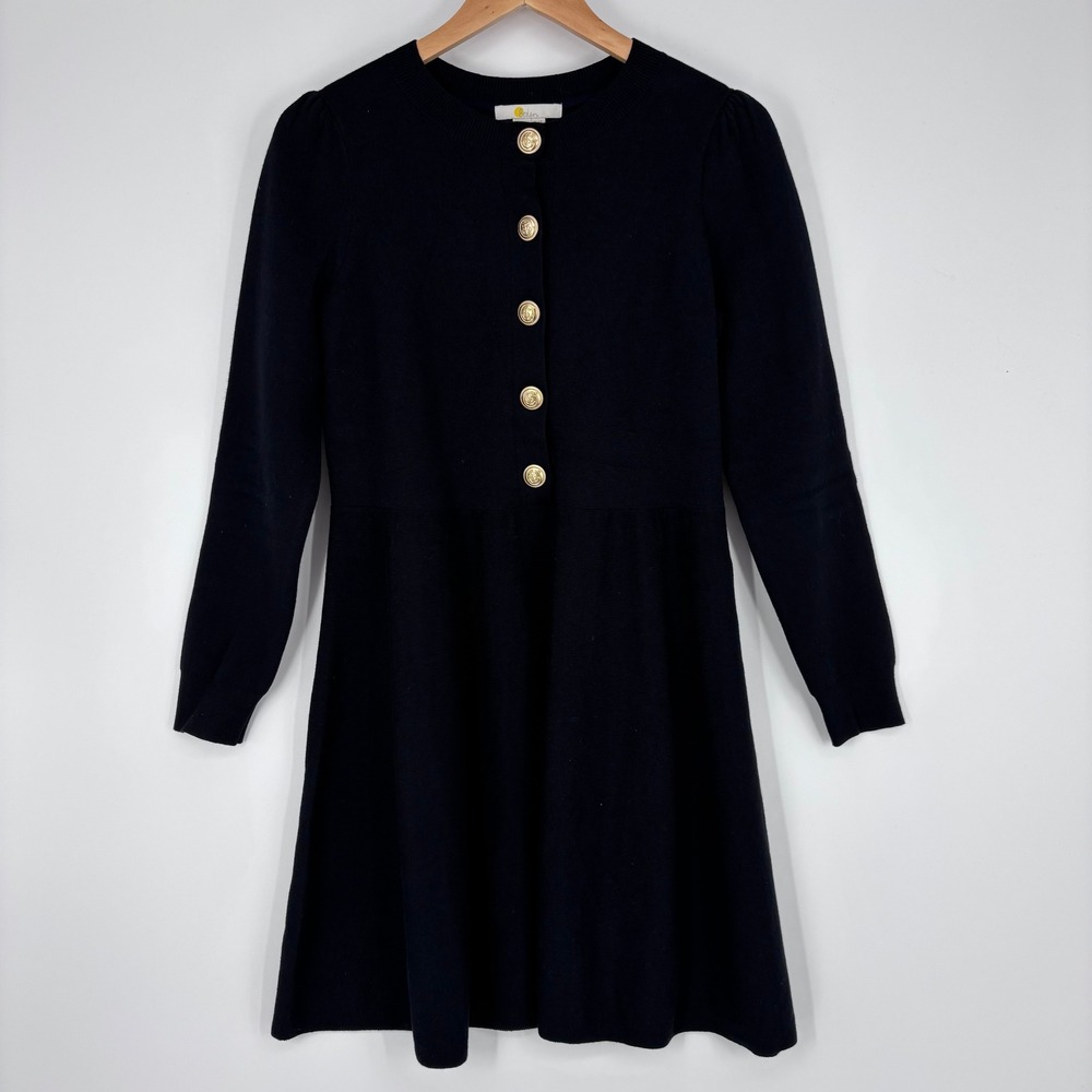 Boden Sweater Dress Womens 2R Black Gold Anchor Button Fit Flare Nautical Preppy